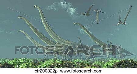 Pteranodon reptiles fly over a herd of Mamenchisaurus. View Large Illustration Stock Illustration - Pteranodon reptiles fly over a herd of Mamenchisaurus.. Fotosearch