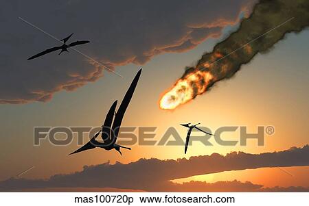 Pteranodons in flight, unaware of the danger that a crashing asteroid is about to bring. View Large Illustration Stock Illustration - Pteranodons in flight, unaware of the danger that a crashing asteroid is about to bring.. Fotosearch