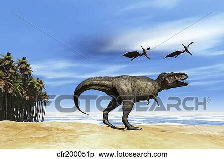 Stock Illustration - Pterodactyls fly over a beastly Tyrannosaurus Rex.. Fotosearch