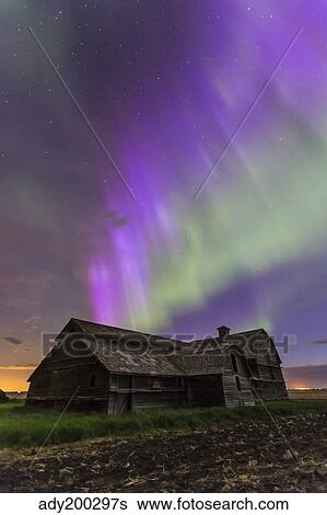 Stock Photograph - Purple aurora over an old barn in southern Alberta, Canada.. Fotosearch