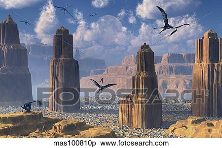 Quetzalcoatlus dwelling place. View Large Illustration Stock Illustration - Quetzalcoatlus dwelling place.. Fotosearch