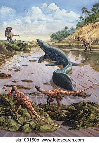 Raptors attack a vulnerable Mosasaurus that remained aground at low tide. View Large Illustration Stock Illustration - Raptors attack a vulnerable Mosasaurus that remained aground at low tide.. Fotosearch