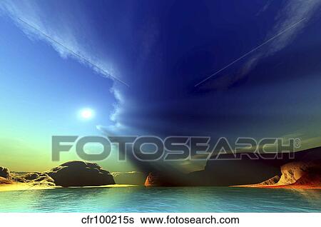 Rays from the sun shine down on this colorful seascape. View Large Illustration Stock Illustration - Rays from the sun shine down on this colorful seascape.. Fotosearch