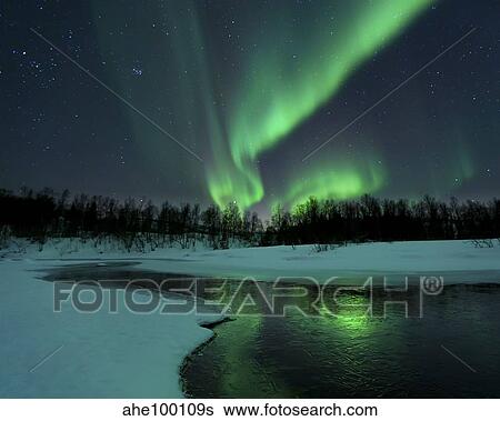 Reflected aurora over a frozen Laksa Lake, Nordland, Norway. View Large Photo Image Stock Photograph - Reflected aurora over a frozen Laksa Lake, Nordland, Norway.. Fotosearch