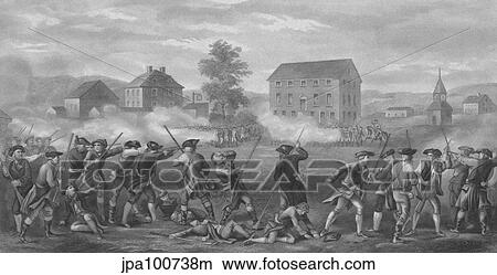 Stock Illustration - Revolutionary War print of American minutemen being fired upon by British troops.. Fotosearch