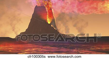 Stock Illustration - Rivers of lava flow from an old volcano as it erupts.. Fotosearch