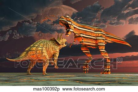 Stock Illustration - Robotic T. Rex & Triceratops battle to the finish.. Fotosearch