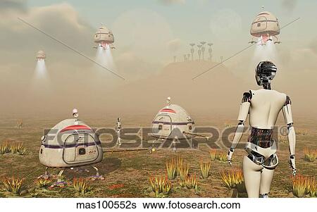 Robots and machines mining an alien world. View Large Illustration Stock Illustration - Robots and machines mining an alien world.. Fotosearch