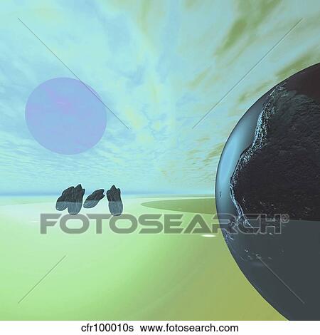 Rocky asteroids are caught in the ring system surrounding this planet. View Large Illustration Stock Illustration - Rocky asteroids are caught in the ring system surrounding this planet.. Fotosearch