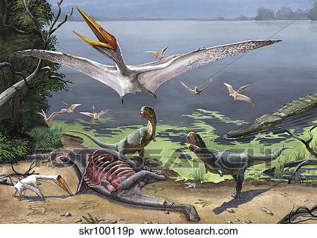 Rugops primus dinosaurs and Alanqa pterosaurs mortify a dead carcass. View Large Illustration Stock Illustration - Rugops primus dinosaurs and Alanqa pterosaurs mortify a dead carcass.. Fotosearch