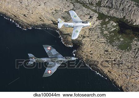 Saab J 29 Flying Barrel and Hawker Hunter vintage jet fighters of the Swedish Air Force. View Large Photo Image Picture - Saab J 29 Flying Barrel and Hawker Hunter vintage jet fighters of the Swedish Air Force.. Fotosearch