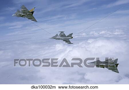 Picture - Saab JA 37 Viggen and Saab JAS 39 Gripen fighters of the Swedish Air Force.. Fotosearch