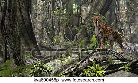 Stock Illustration - Saber-Toothed Tiger in a prehistoric forest.. Fotosearch