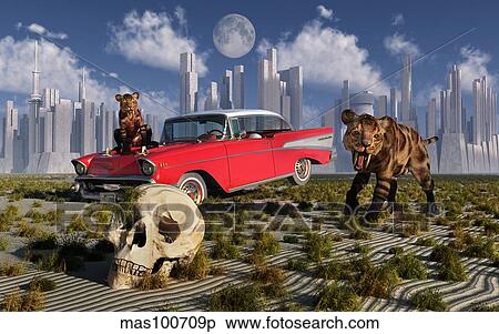 Stock Illustration - Sabre-toothed tigers find a 1950's American Chevrolet and signs of civilization.. Fotosearch