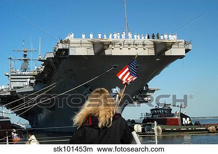 Sailors aboard aircraft carrier USS Enterprise man the rails. View Large Photo Image Picture - Sailors aboard aircraft carrier USS Enterprise man the rails.. Fotosearch