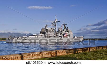 Sailors aboard the guided-missile cruiser USS Port Royal man the rails. View Large Photo Image Picture - Sailors aboard the guided-missile cruiser USS Port Royal man the rails.. Fotosearch