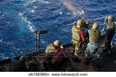 Picture - Sailors fire M240 machine guns aboard USS John C. Stennis.. Fotosearch