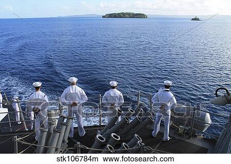 Sailors man the rails aboard guided-missile destroyer USS Higgins. View Large Photo Image Picture - Sailors man the rails aboard guided-missile destroyer USS Higgins.. Fotosearch