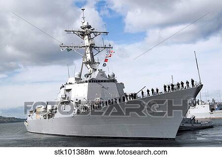 Sailors man the rails aboard the guided-missile destroyer USS Momsen. View Large Photo Image Picture - Sailors man the rails aboard the guided-missile destroyer USS Momsen.. Fotosearch