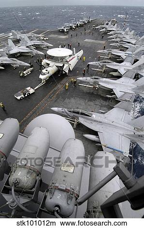 Sailors move an E-2C Hawkeye down the crowded flight deck aboard USS Kitty Hawk. View Large Photo Image Picture - Sailors move an E-2C Hawkeye down the crowded flight deck aboard USS Kitty Hawk.. Fotosearch