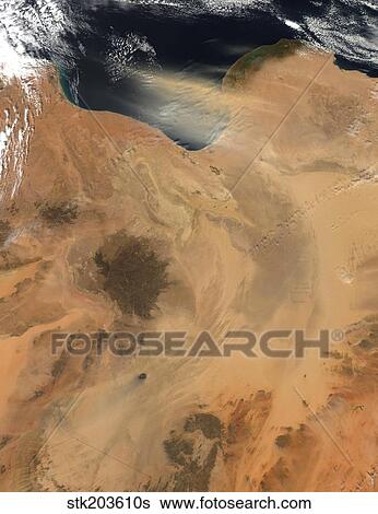 Satellite view of a dust storm over Libya. View Large Photo Image Stock Photograph - Satellite view of a dust storm over Libya. . Fotosearch