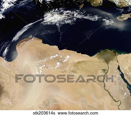 Satellite view of a dust storm over Libya. View Large Photo Image Stock Photograph - Satellite view of a dust storm over Libya.. Fotosearch