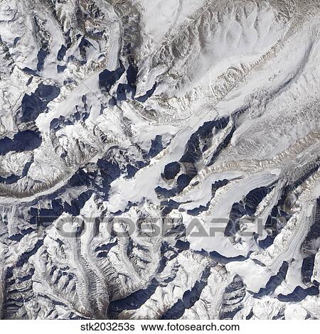 Satellite view of a Himalayan glacier surrounded by mountains. View Large Photo Image Stock Photograph - Satellite view of a Himalayan glacier surrounded by mountains.. Fotosearch