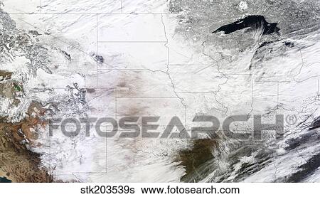Stock Photograph - Satellite view of a massive winter storm over the United States.. Fotosearch