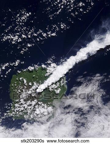 Satellite view of a thick, steam-rich plume from Gaua Volcano blows directly northeast. View Large Photo Image Stock Photograph - Satellite view of a thick, steam-rich plume from Gaua Volcano blows directly northeast.. Fotosearch