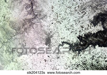 Stock Photograph - Satellite view of Amarillo, Texas, covered in snow.. Fotosearch