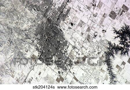 Stock Photograph - Satellite view of Amarillo, Texas, covered in snow.. Fotosearch