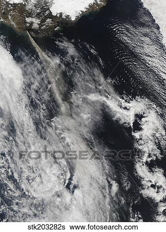 Stock Photograph - Satellite view of an ash plume from Eyjafjallajokull Volcano, Iceland.. Fotosearch