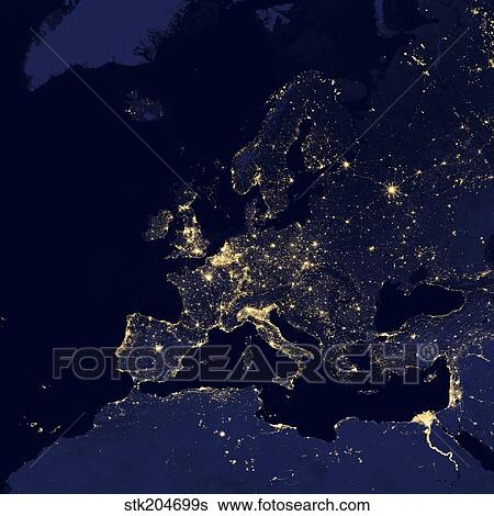 Stock Photograph - Satellite view of city lights in several European and Nordic cities.. Fotosearch