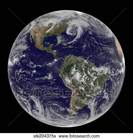 Stock Photograph - Satellite view of full Earth showing low pressure systems.. Fotosearch
