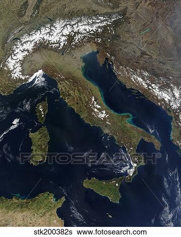 Satellite view of Italy View Large Photo Image Stock Photograph - Satellite view of Italy. Fotosearch
