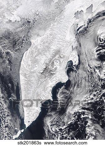 Satellite view of Kamchatka Peninsula, Eastern Russia. View Large Photo Image Stock Photograph - Satellite view of Kamchatka Peninsula, Eastern Russia.. Fotosearch