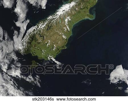 Satellite view of most of the South Island of New Zealand. View Large Photo Image Stock Photograph - Satellite view of most of the South Island of New Zealand.. Fotosearch