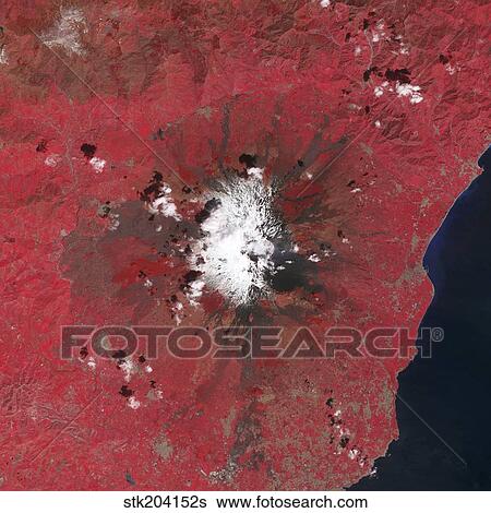 Satellite view of Mount Etna emitting plumes of volcanic gases. View Large Photo Image Stock Photograph - Satellite view of Mount Etna emitting plumes of volcanic gases.. Fotosearch