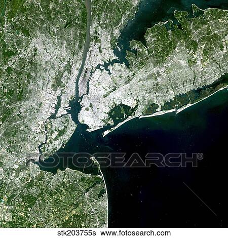 Stock Photograph - Satellite view of New York City.. Fotosearch