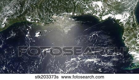 Stock Photograph - Satellite view of oil leaking from the damaged Deepwater Horizon well in the Gulf of Mexico.. Fotosearch