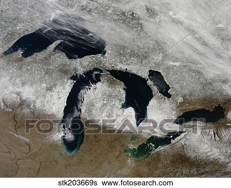 Stock Photograph - Satellite view of snow across Wisonsin, Michigan and Canada.. Fotosearch