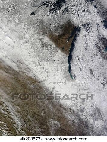 Stock Photograph - Satellite view of snow and cold across the Midwestern United States.. Fotosearch
