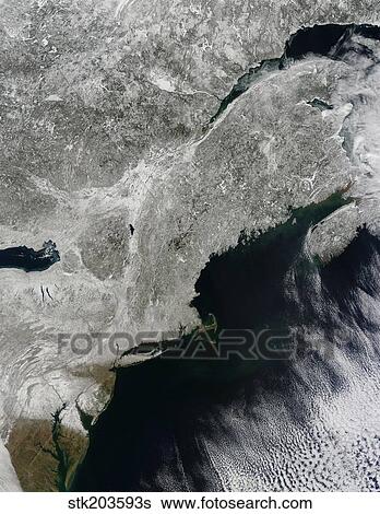 Satellite view of snow in the northeastern United States. View Large Photo Image Stock Photograph - Satellite view of snow in the northeastern United States.. Fotosearch