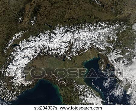 Satellite view of the Alps. View Large Photo Image Stock Photograph - Satellite view of the Alps.. Fotosearch