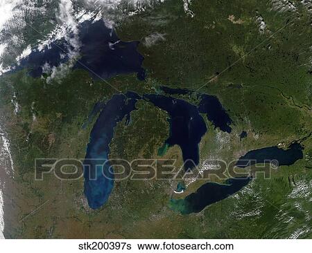 Satellite view of The Great Lakes. View Large Photo Image Stock Photograph - Satellite view of The Great Lakes.. Fotosearch