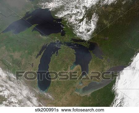 Satellite view of The Great Lakes. View Large Photo Image Stock Photograph - Satellite view of The Great Lakes.. Fotosearch