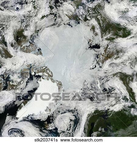 Stock Photograph - Satellite view of the North Pole.. Fotosearch