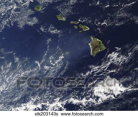 Satellite view of volcanic fog from Kilauea volcano swirling around the Hawaiian Islands. View Large Photo Image Stock Photograph - Satellite view of volcanic fog from Kilauea volcano swirling around the Hawaiian Islands.. Fotosearch