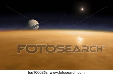 Saturn above the thick atmosphere of its moon Titan. View Large Illustration Stock Illustration - Saturn above the thick atmosphere of its moon Titan.. Fotosearch