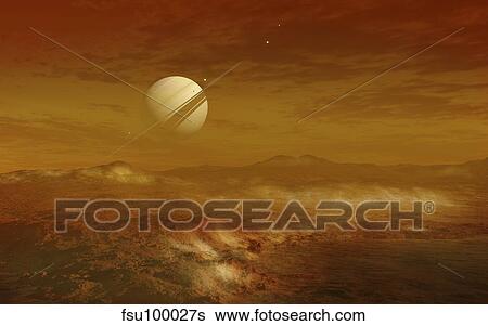 Saturn above the thick atmosphere of its moon Titan. View Large Illustration Stock Illustration - Saturn above the thick atmosphere of its moon Titan.. Fotosearch